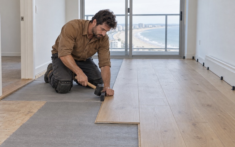 Worker seating a wide engineered white oak plank with a tapping block in a high-floor Revere Beach condominium.