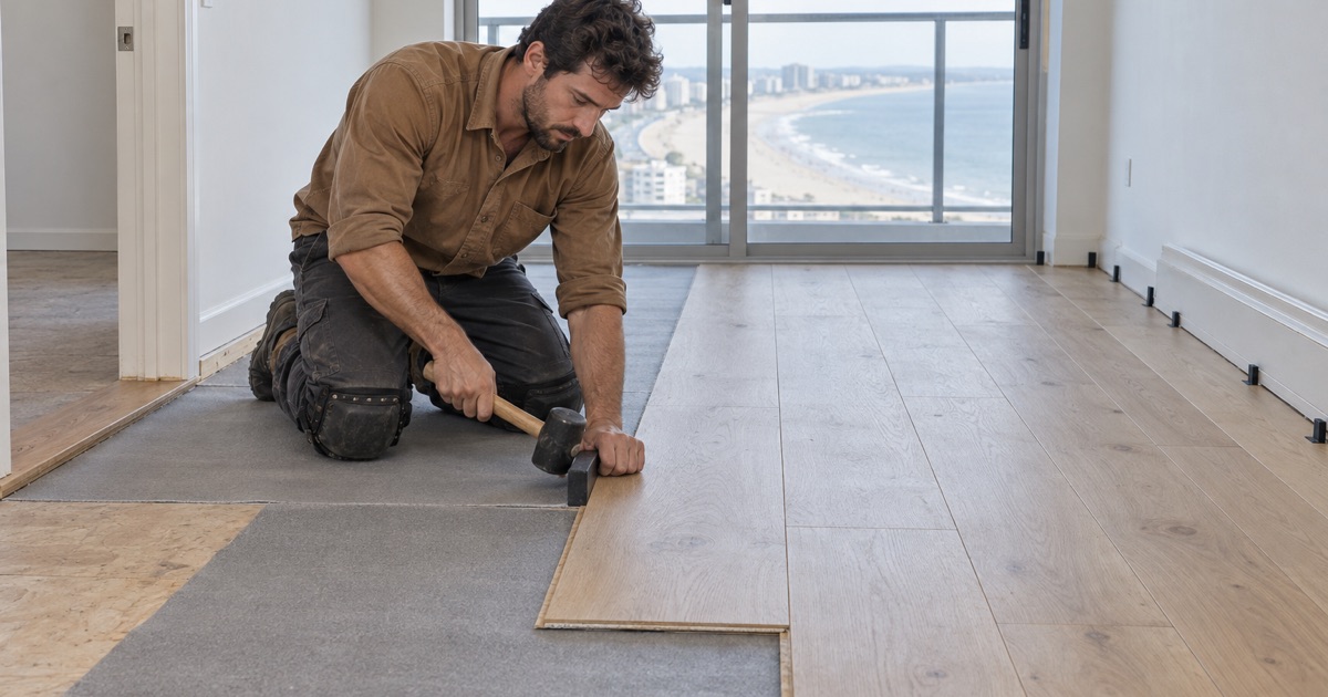 Worker seating a wide engineered white oak plank with a tapping block in a high-floor Revere Beach condominium.