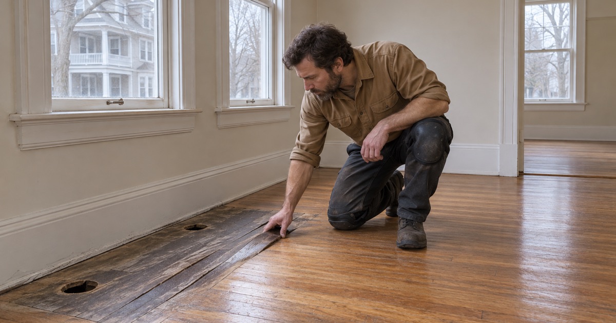 Worker checking a cupped and gray-stained red oak board in the dining room of a Revere two-family where a radiator was removed.