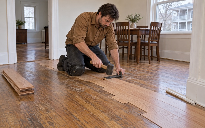 Worker drawing a replacement red oak board tight with a pull bar in a lace-in repair across a Revere doorway path.