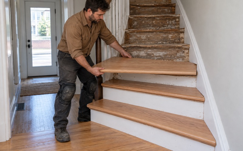 Worker lowering a red oak retro tread with a bullnose front edge onto a stair in a Revere two-family front hall.