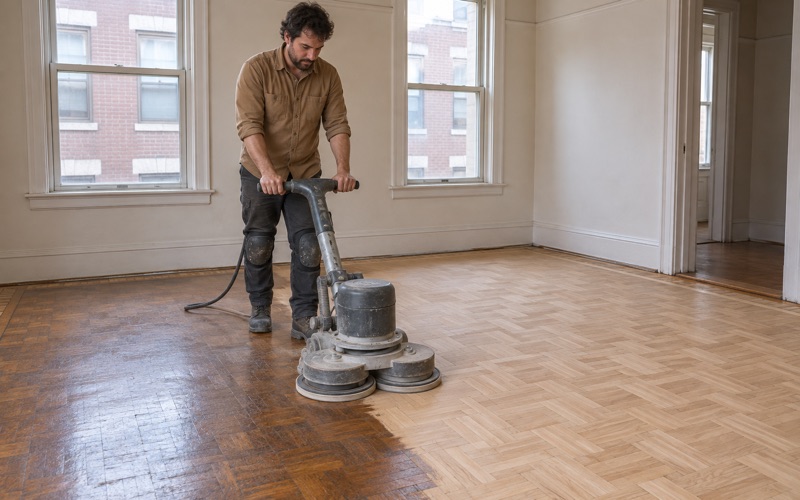 Worker refinishing an old oak finger-block parquet floor with a planetary sander in a 1920s Revere apartment.