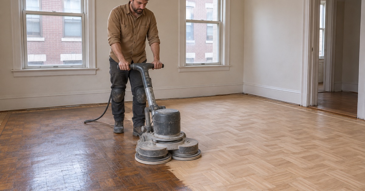 Worker refinishing an old oak finger-block parquet floor with a planetary sander in a 1920s Revere apartment.