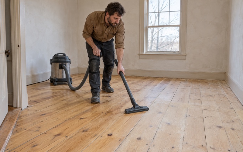 Worker vacuuming sanded wide pine floorboards in an old house before the first coat goes on.