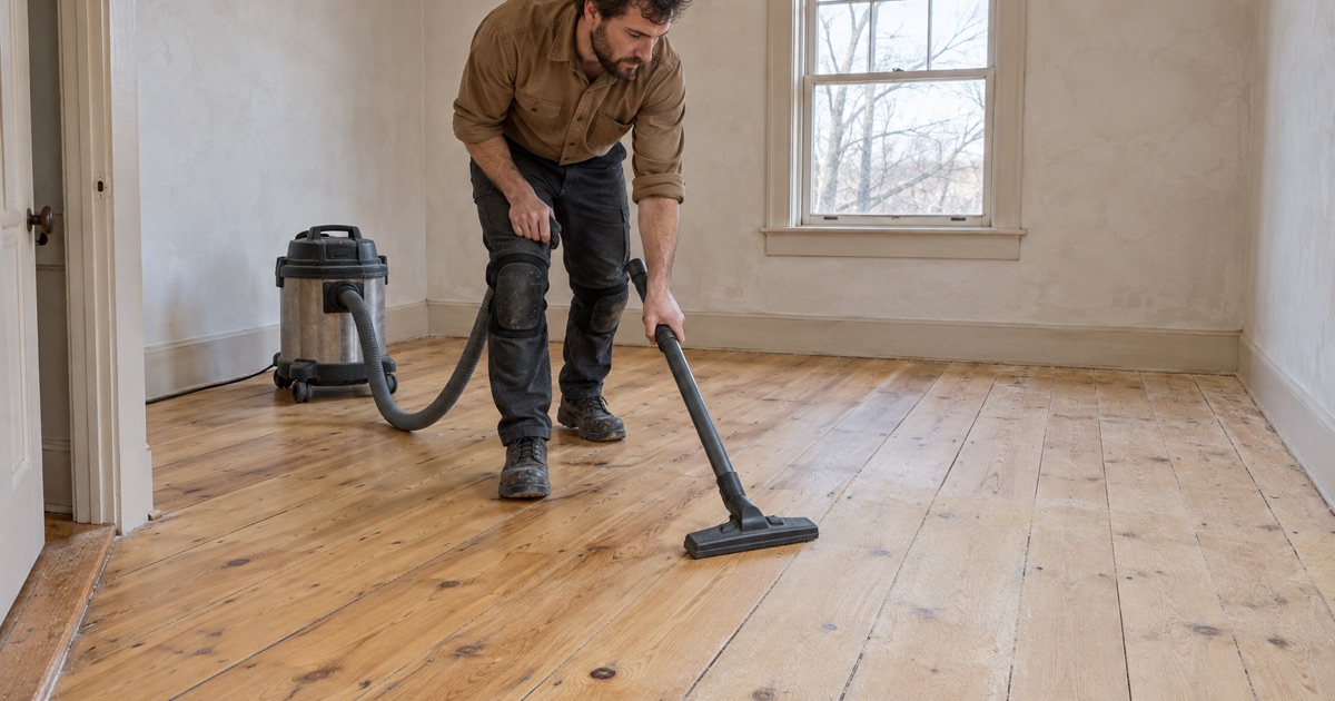 Worker vacuuming sanded wide pine floorboards in an old house before the first coat goes on.