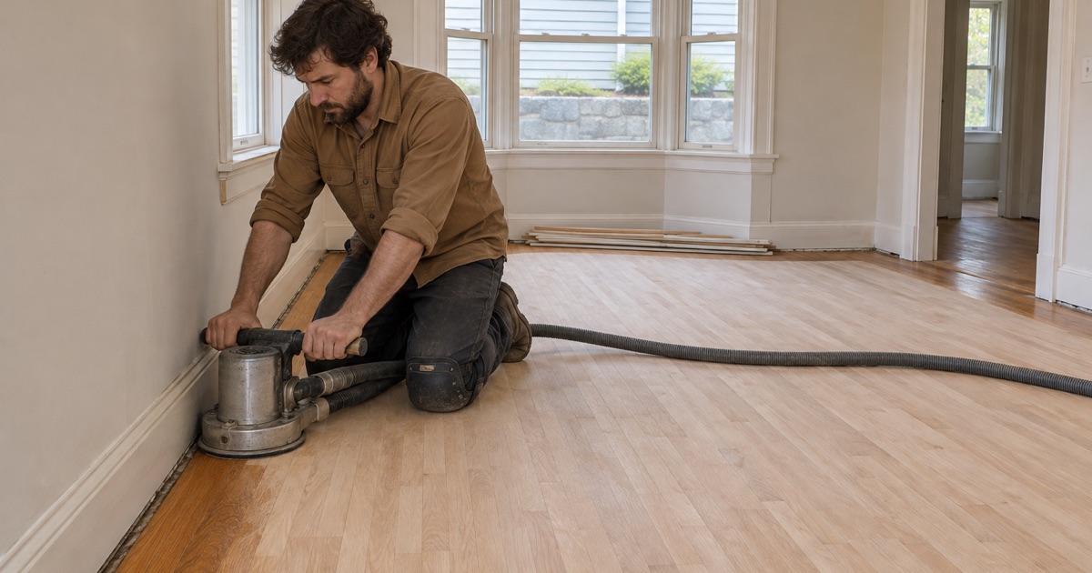 Worker running an edger along the perimeter of a red oak floor in the front room of a Beachmont bungalow in Revere.