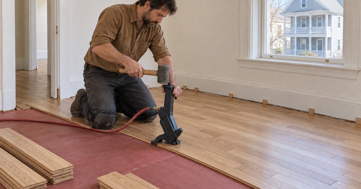 Worker driving a flooring nailer against the tongue of a new red oak board in the upper flat of a Revere two-family.