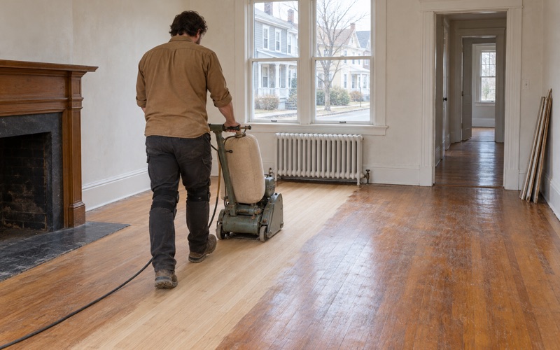 Worker walking a drum sander along red oak strip flooring in the front room of a Point of Pines house in Revere.