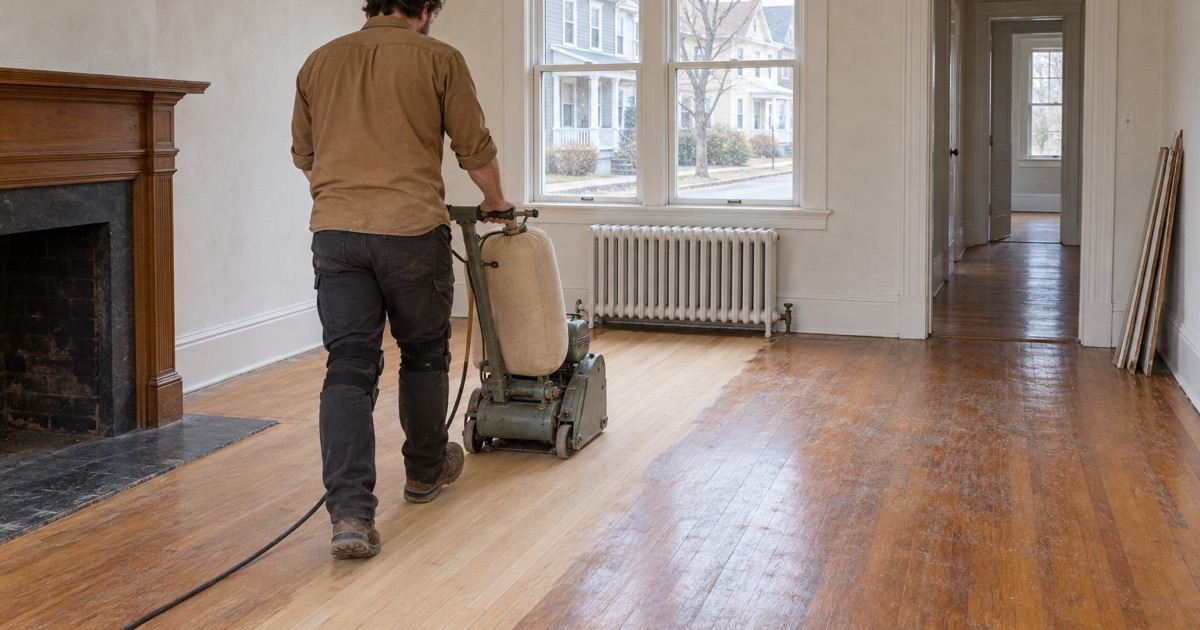 Worker walking a drum sander along red oak strip flooring in the front room of a Point of Pines house in Revere.